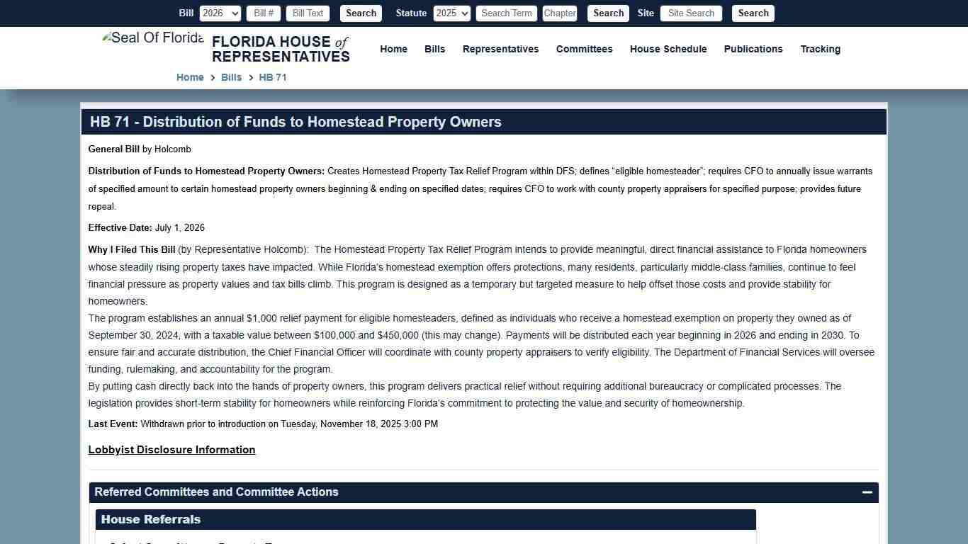 HB 71 (2026) - Distribution of Funds to Homestead Property Owners Florida House of Representatives
